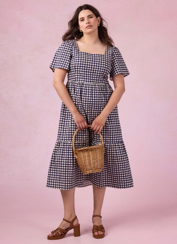 Joanie Clothing Georgia Gingham Square Neck Dress - Navy -  UK 22  - Sustainable Organic Cotton (Navy)