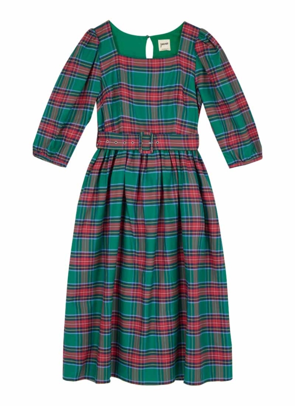 Joanie Clothing Gina Puff Sleeve Tartan Midi Dress - Green -  UK 22 (Green)