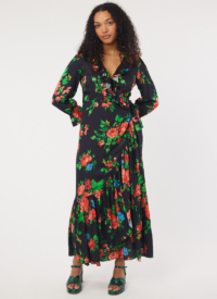 Joanie Clothing Glorie Black Floral Print Wrap Dress- UK 26 (Green)