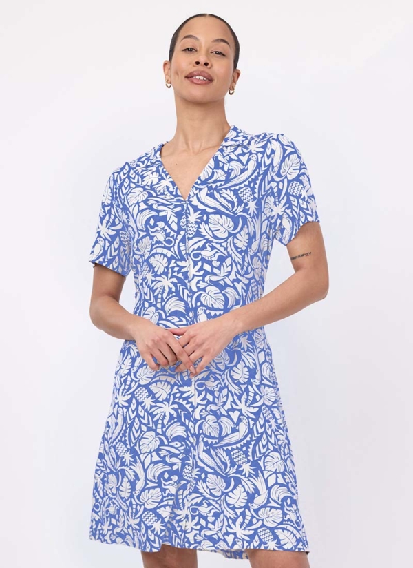 Joanie Clothing Greta Tropical Palm Print Jersey Tea Dress -  UK 26 (Blue)