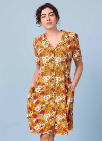 Joanie Clothing Greta Mustard Floral Print Jersey Tea Dress- UK 26 (Orange)