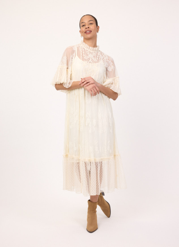 Joanie Clothing Havisham High Neck Lace Midi Dress - Ivory - Extra Extra Large (UK 24-26) (Cream)