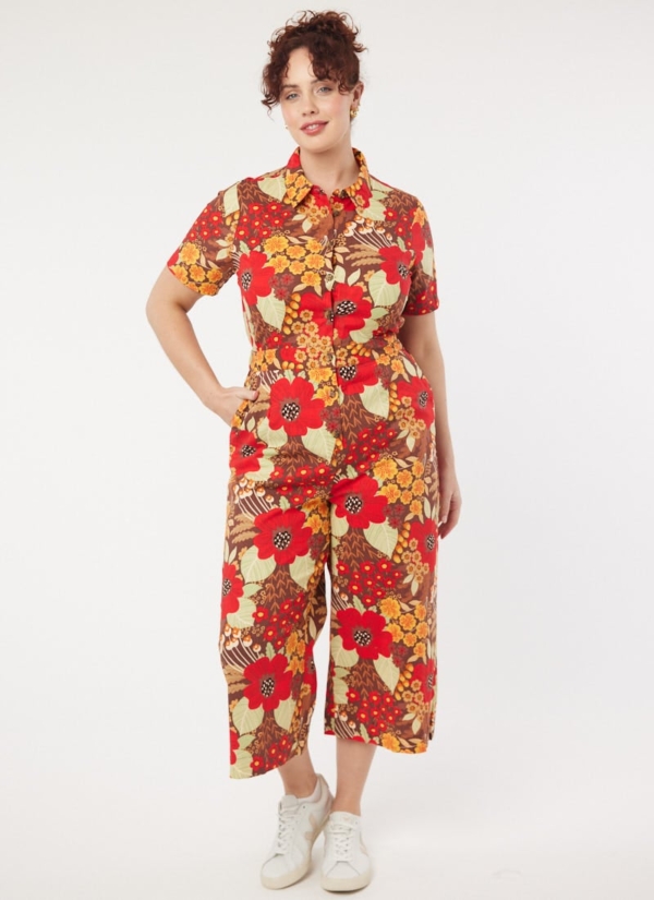 Joanie Clothing Imala Floral Deckchair Print Short Sleeve Boilersuit -  UK 22  - Sustainable Organic Cotton (Orange)