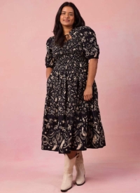 Joanie Clothing Jesse Western Print Tie Neck Midi Dress- UK 20  – Sustainable Organic Cotton (Black)