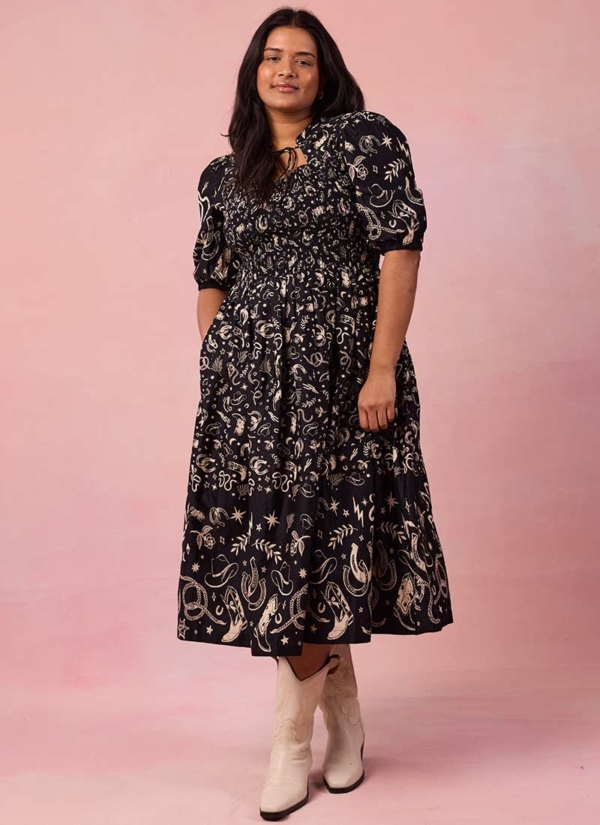 Joanie Clothing Jesse Western Print Tie Neck Midi Dress- UK 20  - Sustainable Organic Cotton (Black)