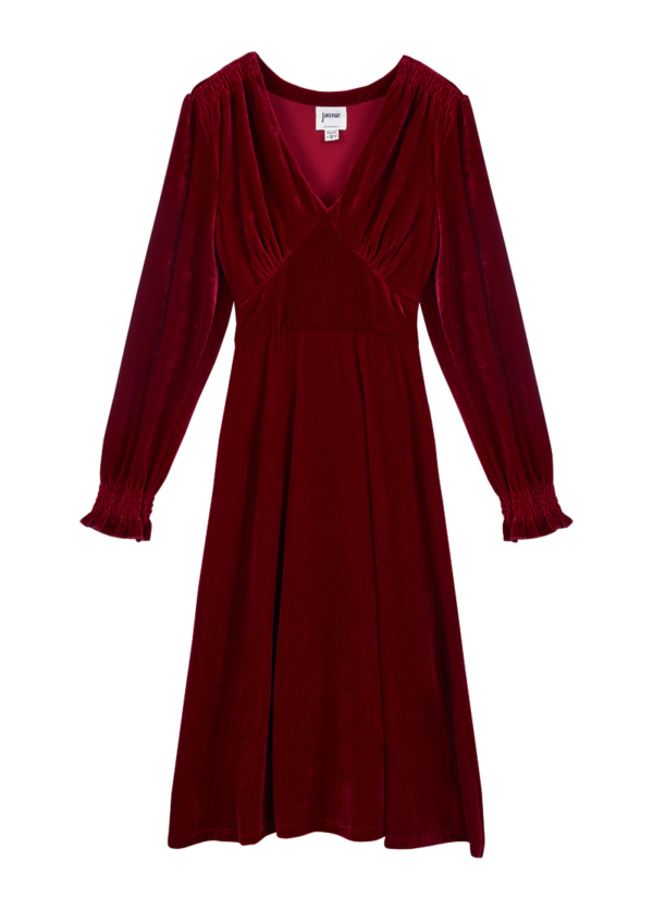 Joanie Clothing Juno Long Sleeve Velvet Midi Dress - Cabernet -  UK 22 (Red)