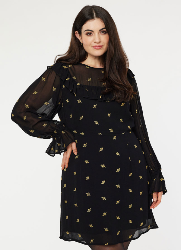 Joanie Clothing Kanchan Sheer Embroidered Long Sleeve Mini Dress -  UK 26 (Black)