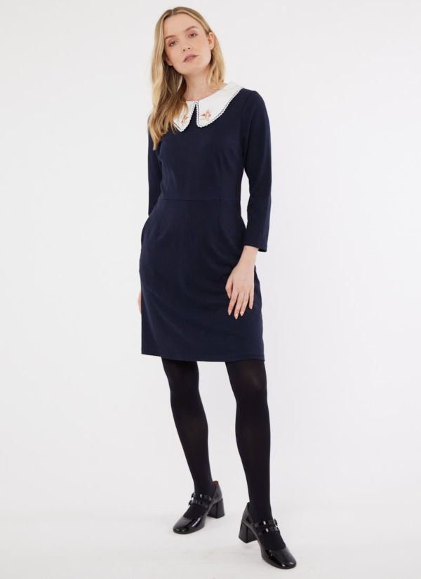 Joanie Clothing Loretta Embroidered Collar Jersey Dress - Navy -  UK 24  - Sustainable Organic Cotton (Navy)