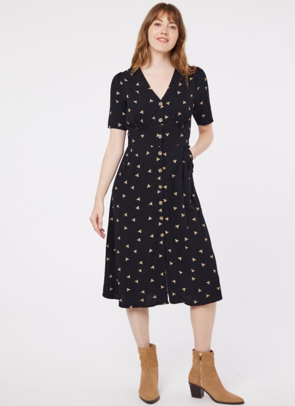 Joanie Clothing Manon Bee Print Button-Through Tea Dress -  UK 18 (Black)