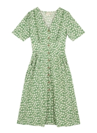 Joanie Clothing Manon Clover Print Button-Through Tea Dress –  UK 22 (Green)