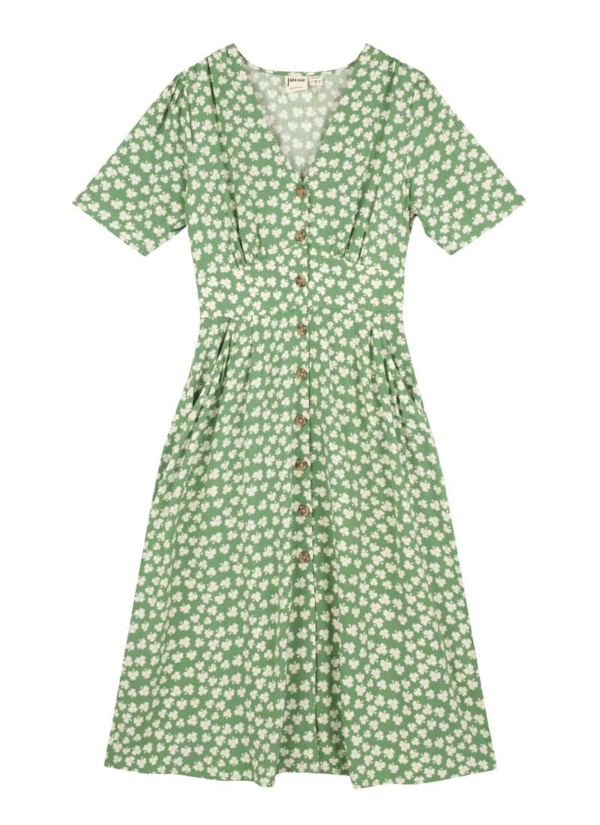 Joanie Clothing Manon Clover Print Button-Through Tea Dress -  UK 22 (Green)