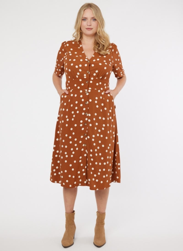 Joanie Clothing Manon Polka Dot Print Button-Through Tea Dress -  UK 22 (Brown)