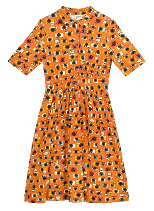 Joanie Clothing Martha Vintage Camera Print Jersey Dress - 8 (Orange)