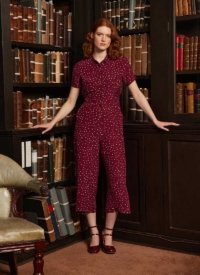 Joanie Clothing Max Spot Print Short Sleeve Jumpsuit  – Cabernet –  UK 26 (Red)