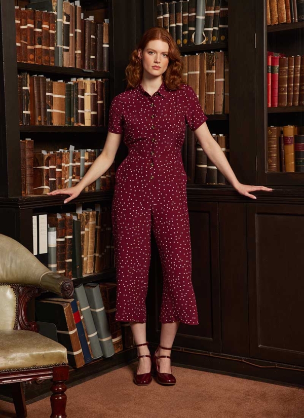 Joanie Clothing Max Spot Print Short Sleeve Jumpsuit  - Cabernet -  UK 26 (Red)