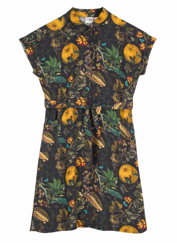 Joanie Clothing Natural History Museum X Joanie - Meronti Flora and Fauna Print Collared Shirt Dress- UK 20  - Sustainable Organic Cotton (Black)