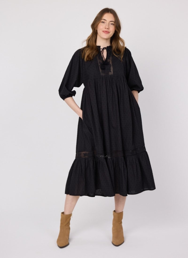 Joanie Clothing Meryl Tie Neck Dobby Midi Dress - Black - Extra Extra Large (UK 24-26) (Black)