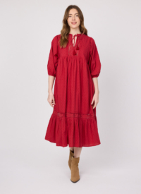Joanie Clothing Meryl Tie Neck Dobby Midi Dress – Red-EXTRA EXTRA LARGE (UK 24-26) (Red)