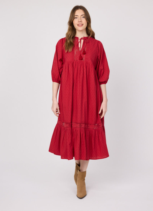 Joanie Clothing Meryl Tie Neck Dobby Midi Dress - Red-EXTRA EXTRA LARGE (UK 24-26) (Red)