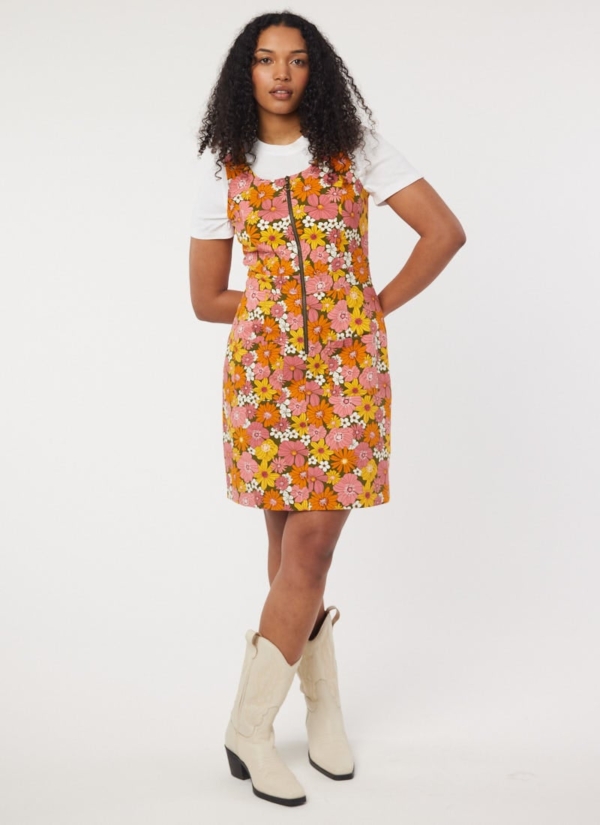 Joanie Clothing Mindy Vintage Floral Print Pinafore Dress -  UK 14 (Orange)