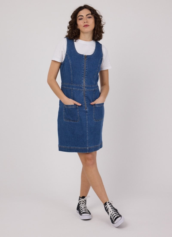 Joanie Clothing Mindy Mid Wash Denim Pinafore Dress -  UK 26 (Blue)