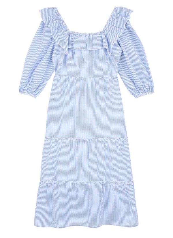 Joanie Clothing Miranda Square Neck Ticking Stripe Midi Dress - Blue -  UK 22 (Blue)