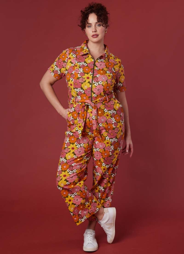 Joanie Clothing Mork Vintage Floral Print Short Sleeve Boilersuit -  UK 26  - Sustainable Organic Cotton (Orange)