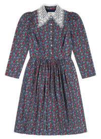 Joanie Clothing Laura Ashley X Joanie – Nia Daniela Floral Print Lace Collar Button-Down Prairie Dress –  UK 24  – Sustainable Organic Cotton (Navy)
