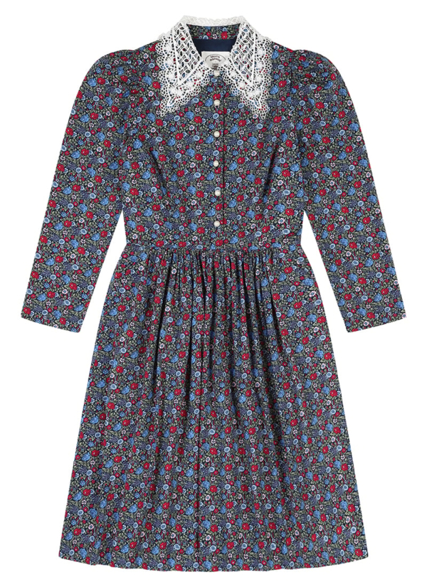 Joanie Clothing Laura Ashley X Joanie - Nia Daniela Floral Print Lace Collar Button-Down Prairie Dress -  UK 24  - Sustainable Organic Cotton (Navy)