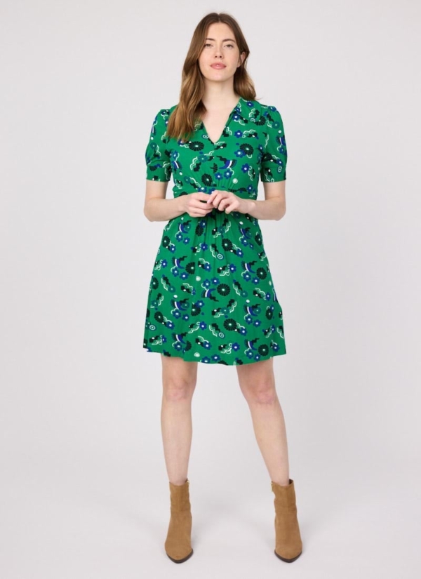 Joanie Clothing Olga Green Floral Print Jersey Tea Dress -  UK 26 (Green)