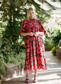 Joanie Clothing Priya Dahlia Floral Print Puff Sleeve Midi Dress – Extra Large (UK 20-22) (Pink)