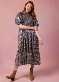 Joanie Clothing Priya Navy Floral Print Puff Sleeve Midi Dress – Extra Extra Large (UK 24-26) (Navy)