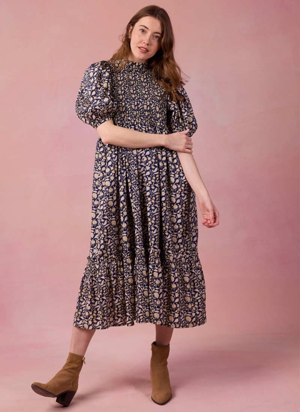 Joanie Clothing Priya Navy Floral Print Puff Sleeve Midi Dress - Extra Extra Large (UK 24-26) (Navy)