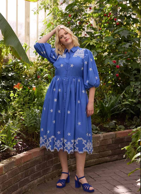 Joanie Clothing Rachida Embroidered Western Shirt Dress - Blue -  UK 26 (Blue)