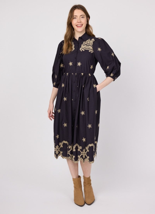 Joanie Clothing Rachida Embroidered Western Shirt Dress - Black -  UK 26 (Black)