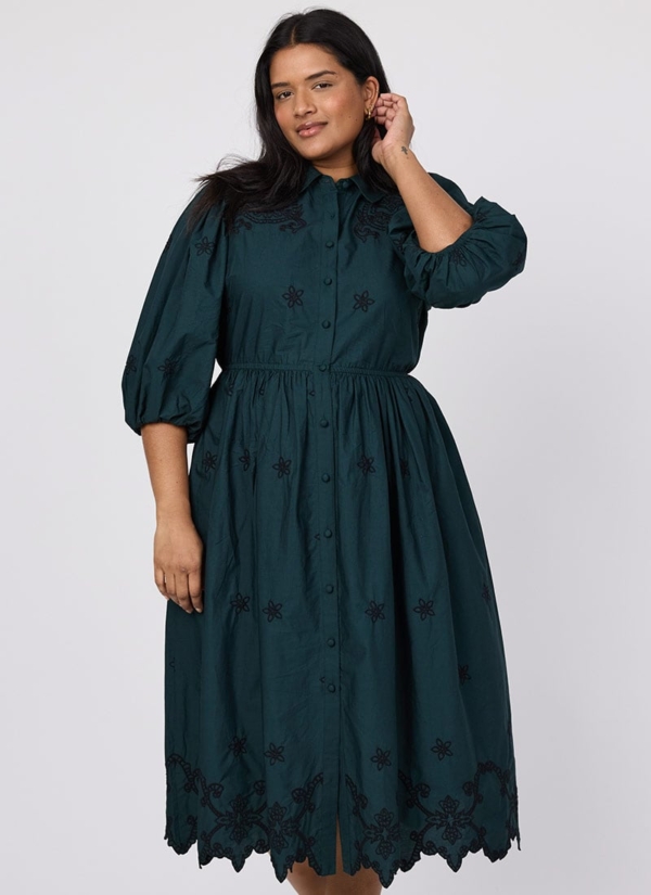 Joanie Clothing Rachida Embroidered Western Shirt Dress - Green- UK 26 (Green)