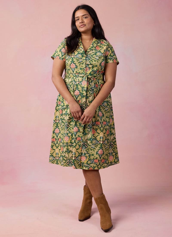 Joanie Clothing Santo Art Nouveau Print Button-Down Tea Dress -  UK 26  - Sustainable Organic Cotton (Green)