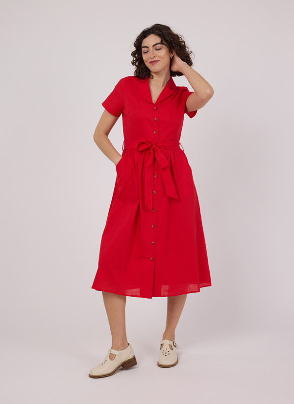 Joanie Clothing Santo Button-Down Tea Dress - Red -  UK 22  - Sustainable Organic Cotton (Red)