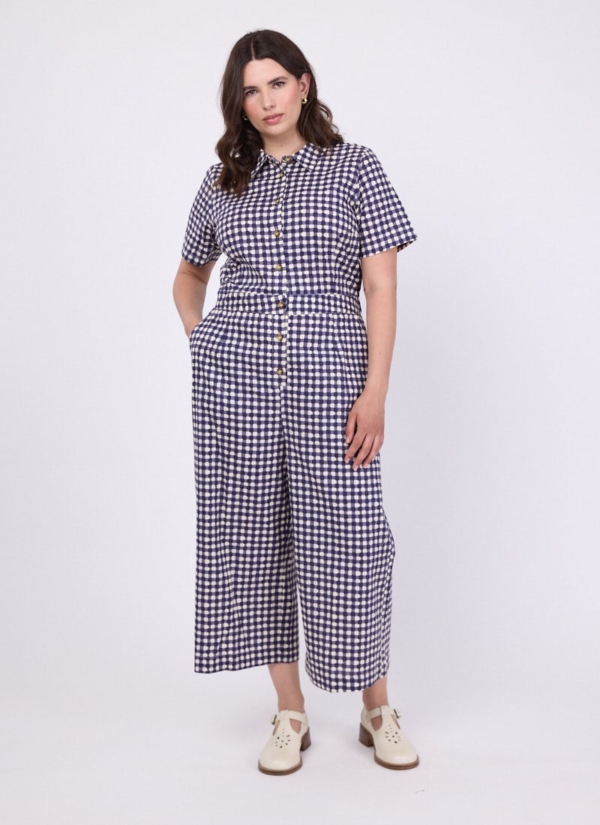 Joanie Clothing Imala Gingham Short Sleeve Boilersuit - 8  - Sustainable Organic Cotton (Navy)