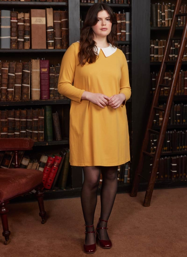 Joanie Clothing Suzy Contrast Collar Jersey Swing Dress - Mustard-EXTRA EXTRA LARGE (UK 24-26)  - Sustainable Organic Cotton (Yellow)