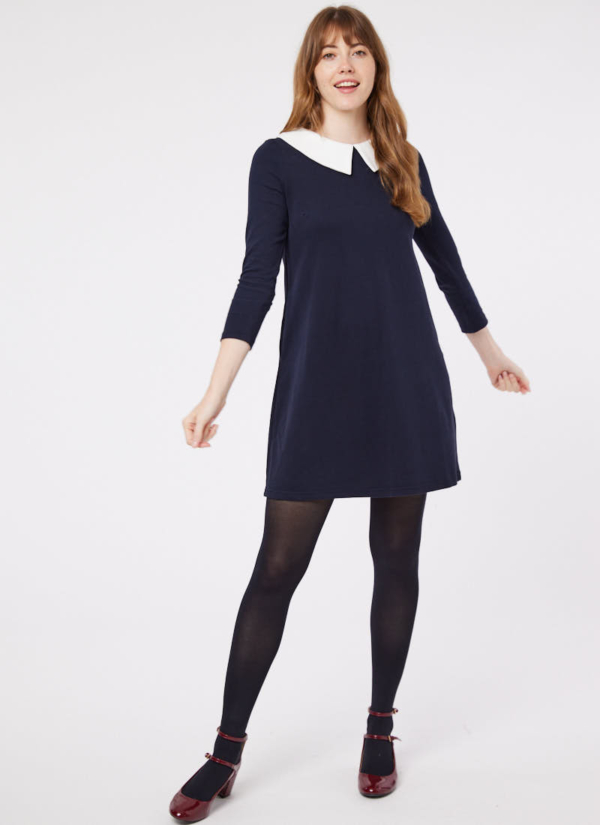 Joanie Clothing Suzy Contrast Collar Jersey Swing Dress - Navy -EXTRA EXTRA LARGE (UK 24-26)  - Sustainable Organic Cotton (Navy)