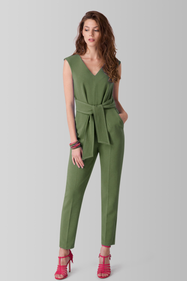 Closet London Khaki Green V-Neck Front Tie Jumpsuit