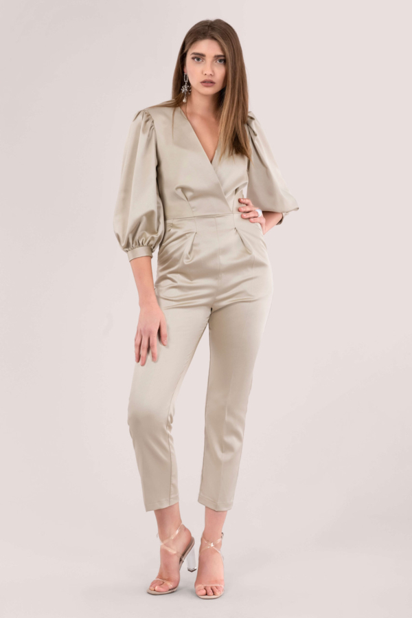 Closet London Beige Wrap Puff Sleeve Jumpsuit