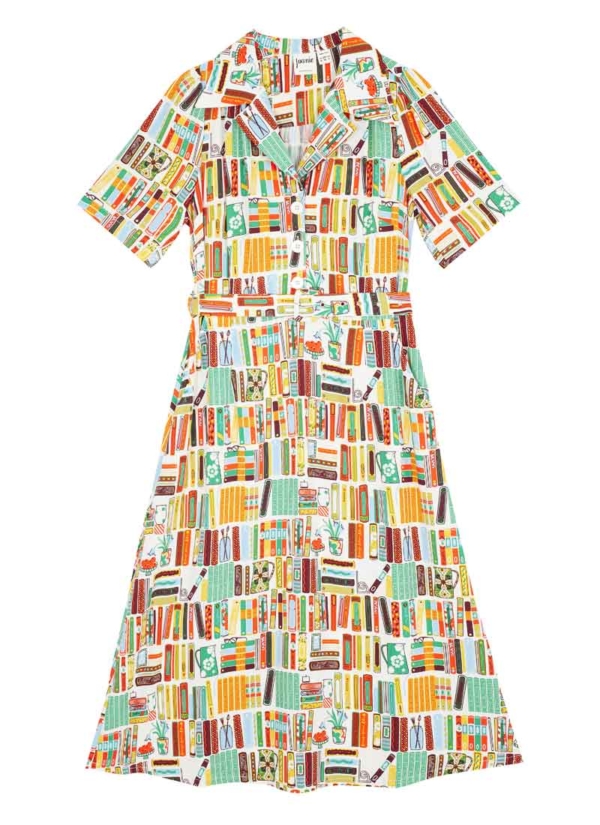 Joanie Clothing World Book Day X Joanie - Tally Book Print Midi Tea Dress -  UK 26 (White)