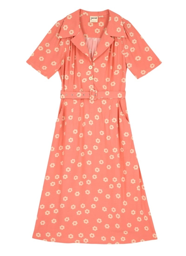 Joanie Clothing Tally Floral Print Midi Tea Dress - Coral -  UK 22 (Orange)