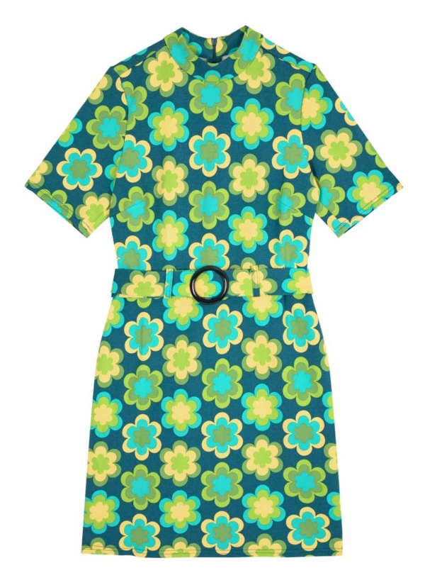 Joanie Clothing Tatum Retro Daisy Print Belted Dress -  UK 26 (Green)