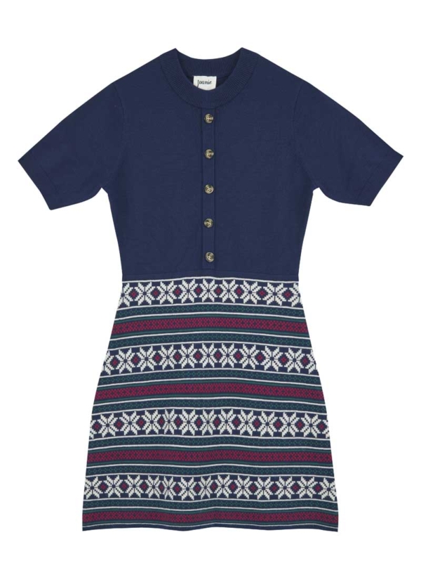 Joanie Clothing Tuva Knitted Fair Isle Mini Dress - Large (UK 16-18) (Navy)