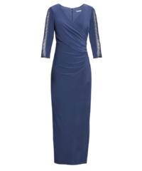 Gina Bacconi  Gretchen Long Surplice Neckline Dress With Rusched Waist And Beaded Sleeves. – Blue