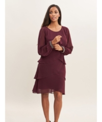 Gina Bacconi  Sakura Long Sleeved Tiered Dress With Rhinestone Beading At Cuff – Burgundy