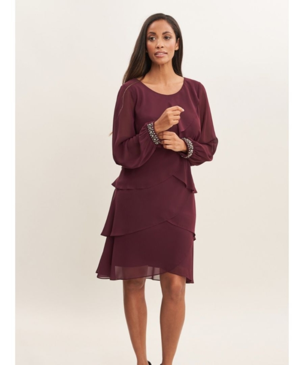 Gina Bacconi Womens Sakura Long Sleeved Tiered Dress With Rhinestone Beading At Cuff - Burgundy - Size 22 UK